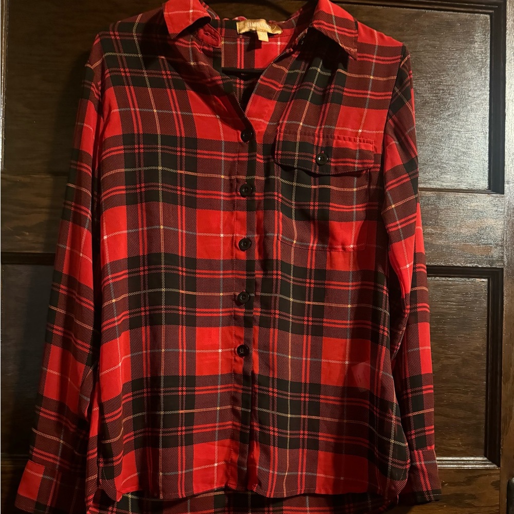 Ellen Tracy Red and Black Plaid, Sheer Button Up, EUC, ,XS